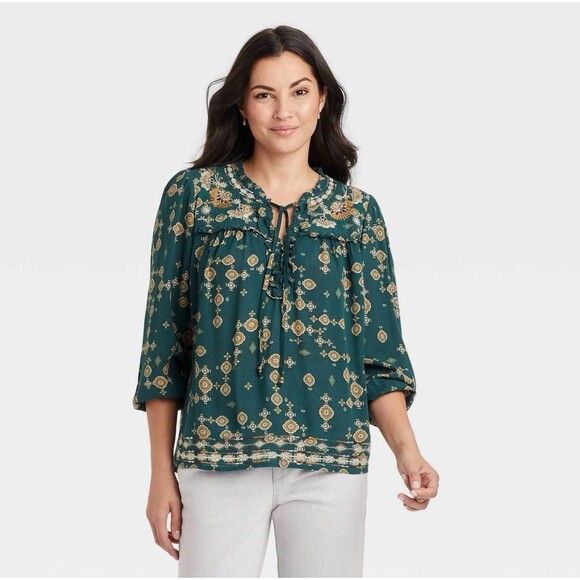 Knox Rose Green Floral Boho Peasant Blouse Size Small NWT - Picture 1 of 5